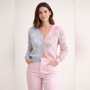 Cider Two-Tone Floral V-Neck Cardigan - Pink & Light Blue